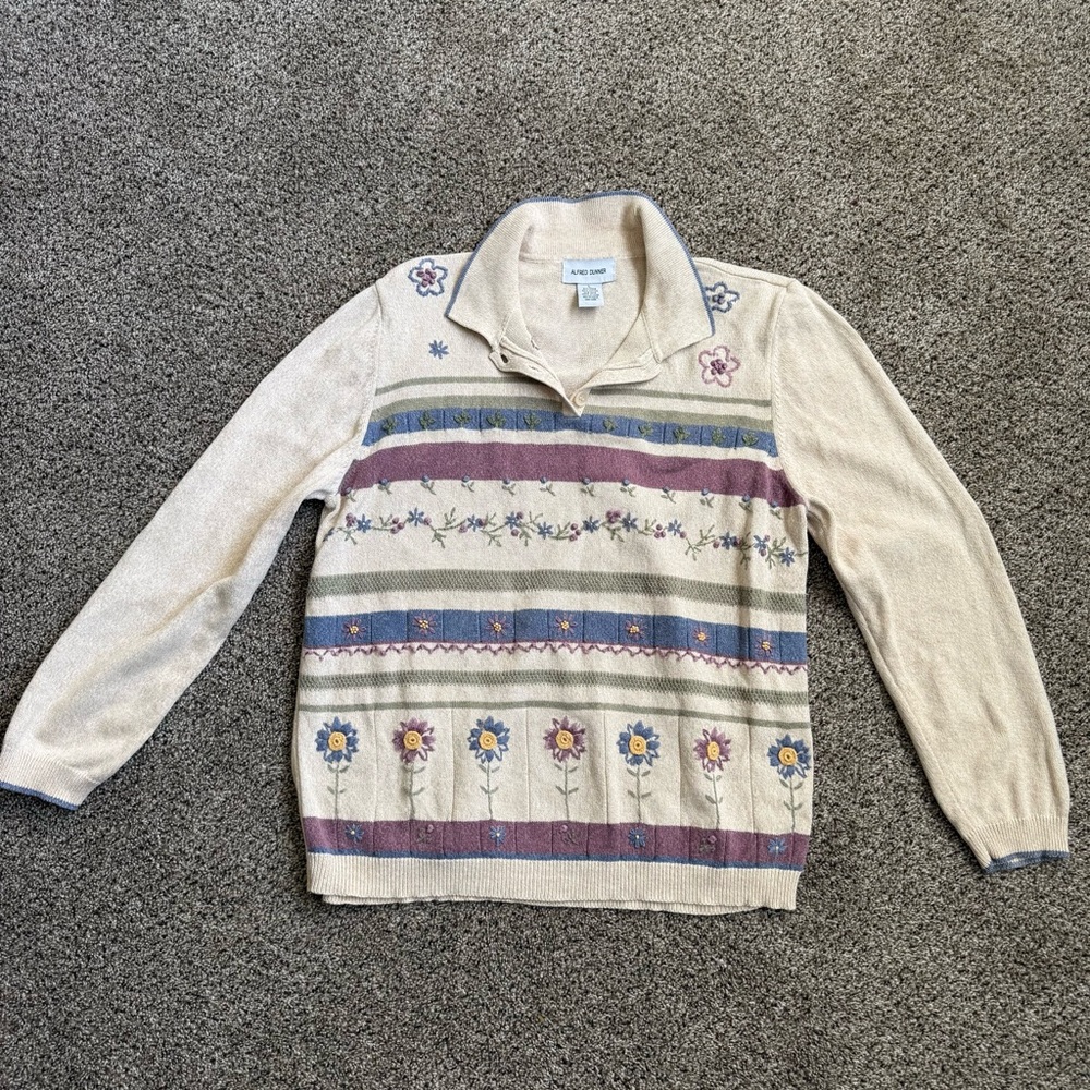 Alfred Dunner Cream Collared Knit Sweater with Floral & Stripe Accents